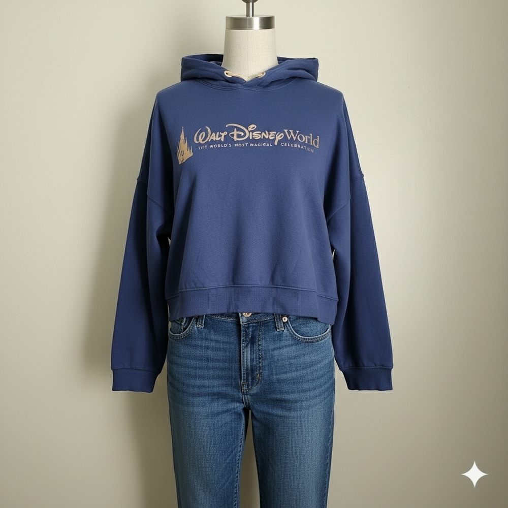 Walt Disney World 50th Anniversary Navy Cropped Pullover Hoodie Sweatshirt L NWT